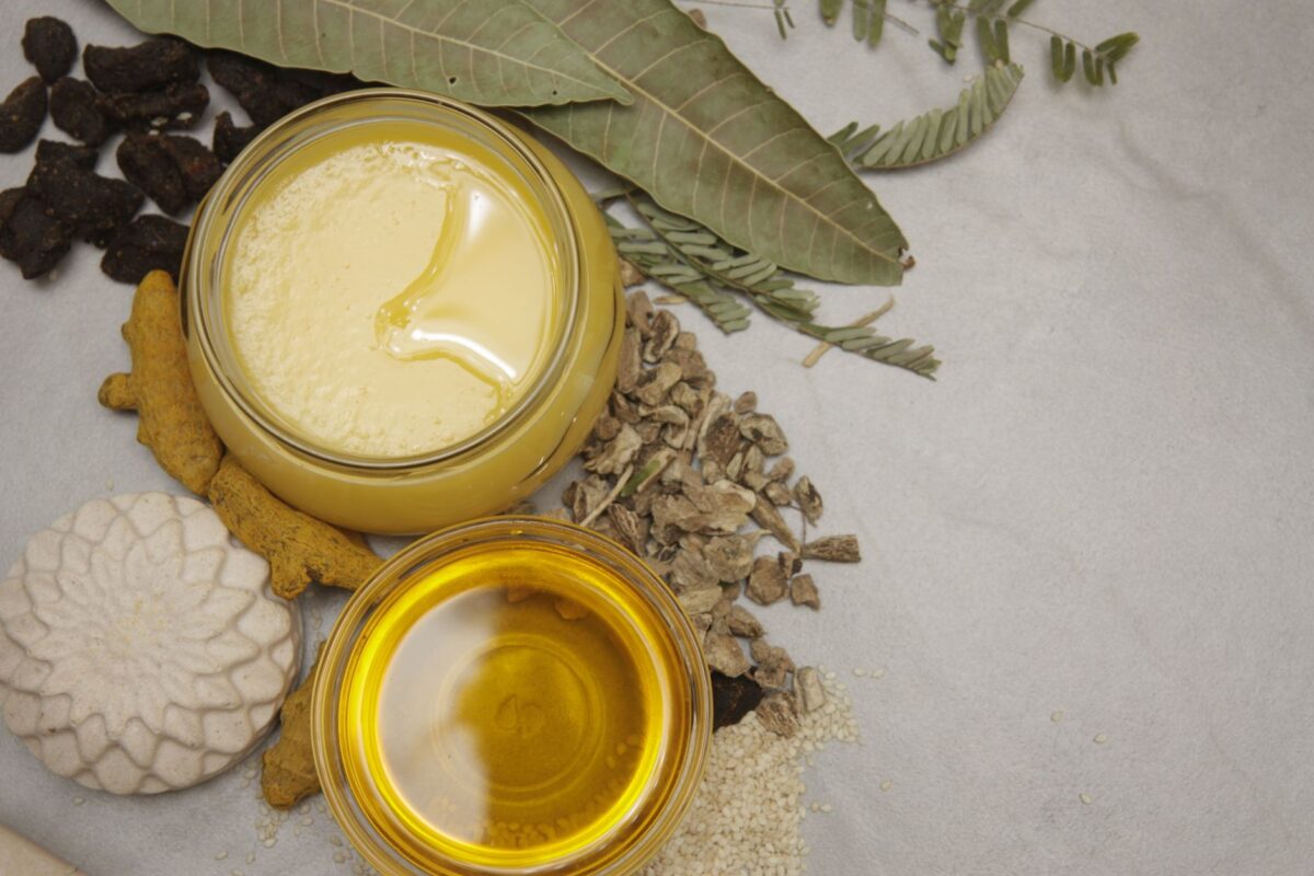 Himalayan superfoods for immunity – Flat lay of natural ingredients, herbs, and honey jars showcasing a healthy lifestyle and wellness theme.